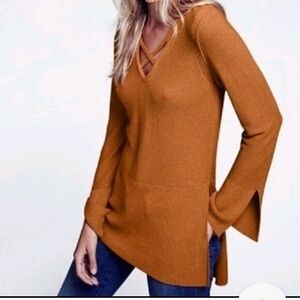 Free People Crisscross Tunic Bell Sleeve Sweater Ginger Root Size S Oversized